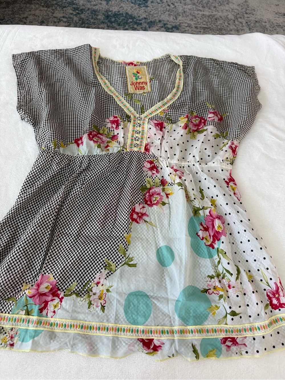 Johnny Was Patchwork Floral Polka Dot Tunic - Black, White, Pink, Teal e06
